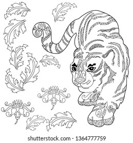Coloring Pages. Coloring Book for adults. Colouring pictures with tiger and flowers. Antistress freehand sketch drawing with doodle and zentangle elements.