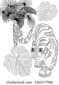 Coloring Pages. Coloring Book for adults. Colouring pictures with tiger and flowers. Antistress freehand sketch drawing with doodle and zentangle elements.