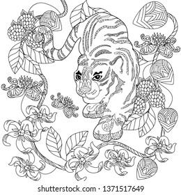 Coloring Pages. Coloring Book for adults. Colouring pictures with tiger and flowers. Antistress freehand sketch drawing with doodle and zentangle elements.