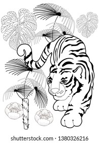 Coloring Pages. Coloring Book for adults. Colouring pictures with tiger. Antistress freehand sketch drawing with doodle and zentangle elements.