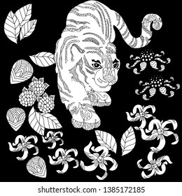 Coloring Pages. Coloring Book for adults. Colouring pictures with tiger and flowers. Antistress freehand sketch drawing with doodle and zentangle elements.