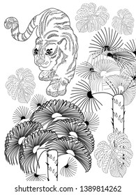 Coloring Pages. Coloring Book for adults. Colouring pictures with tiger. Antistress freehand sketch drawing with doodle and zentangle elements.