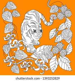 Coloring Pages. Coloring Book for adults. Colouring pictures with tiger. Antistress freehand sketch drawing with doodle and zentangle elements.