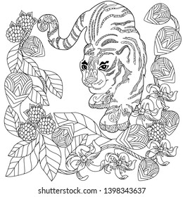 Coloring Pages. Coloring Book for adults. Colouring pictures with tiger and flowers. Antistress freehand sketch drawing with doodle and zentangle elements.