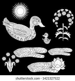 Coloring Pages. Coloring Book for adults. Colouring pictures with duck and flowers. Antistress freehand sketch drawing with doodle and zentangle elements.