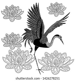 Coloring Pages. Coloring Book for adults. Colouring pictures with stork and lily flowers. Antistress freehand sketch drawing with doodle and zentangle elements.