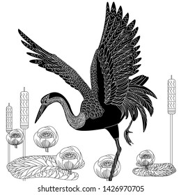 Coloring Pages. Coloring Book for adults. Colouring pictures with stork and lily flowers. Antistress freehand sketch drawing with doodle and zentangle elements.