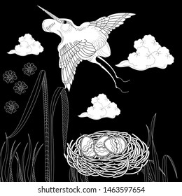 Coloring Pages. Coloring Book for adults. Colouring pictures with stork and duck. Antistress freehand sketch drawing with doodle and zentangle elements.