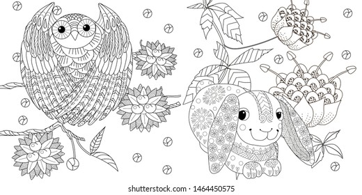 Coloring Pages. Coloring Book for adults. Colouring pictures with rabbit and owl. Antistress freehand sketch drawing with doodle and zentangle element