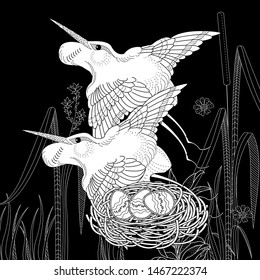 Coloring Pages. Coloring Book for adults. Colouring pictures with stork. Antistress freehand sketch drawing with doodle and zentangle elements.