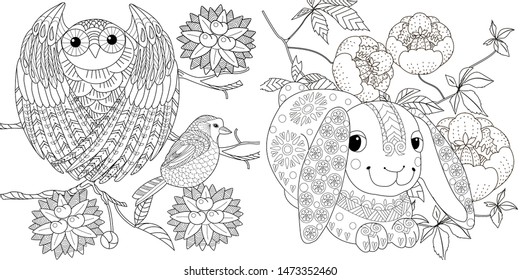 Coloring Pages. Coloring Book for adults. Colouring pictures with rabbit and owl. Antistress freehand sketch drawing with doodle and zentangle element