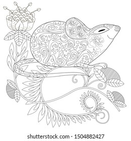 Coloring Pages. Coloring Book for adults. Colouring pictures with rat and flowers. Antistress freehand sketch drawing with doodle and zentangle elements.