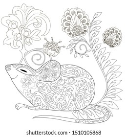 Coloring Pages. Coloring Book for adults. Colouring pictures with rat and flowers. Antistress freehand sketch drawing with doodle and zentangle elements.