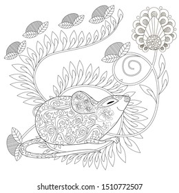 Coloring Pages. Coloring Book for adults. Colouring pictures with rat and flowers. Antistress freehand sketch drawing with doodle and zentangle elements.