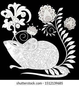 Coloring Pages. Coloring Book for adults. Colouring pictures with rat and flowers. Antistress freehand sketch drawing with doodle and zentangle elements.