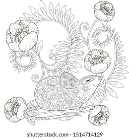 Coloring Pages. Coloring Book for adults. Colouring pictures with rat and flowers. Antistress freehand sketch drawing with doodle and zentangle elements.