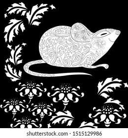 Coloring Pages. Coloring Book for adults. Colouring pictures with rat and flowers. Antistress freehand sketch drawing with doodle and zentangle elements.