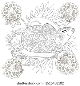 Coloring Pages. Coloring Book for adults. Colouring pictures with rat and flowers. Antistress freehand sketch drawing with doodle and zentangle elements.