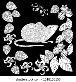 Coloring Pages. Coloring Book for adults. Colouring pictures with rat and flowers. Antistress freehand sketch drawing with doodle and zentangle elements.