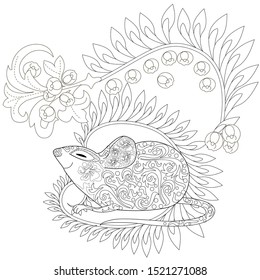 Coloring Pages. Coloring Book for adults. Colouring pictures with rat and flowers. Antistress freehand sketch drawing with doodle and zentangle elements.