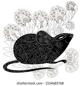 Coloring Pages. Coloring Book for adults. Colouring pictures with rat and flowers. Antistress freehand sketch drawing with doodle and zentangle elements.