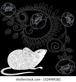 Coloring Pages. Coloring Book for adults. Colouring pictures with rat and flowers. Antistress freehand sketch drawing with doodle and zentangle elements.
