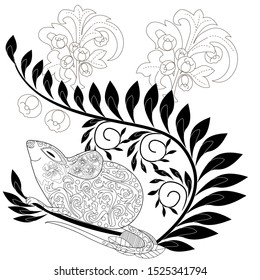 Coloring Pages. Coloring Book for adults. Colouring pictures with rat and flowers. Antistress freehand sketch drawing with doodle and zentangle elements.