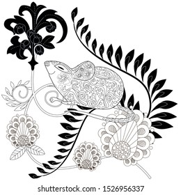 Coloring Pages. Coloring Book for adults. Colouring pictures with rat and flowers. Antistress freehand sketch drawing with doodle and zentangle elements.