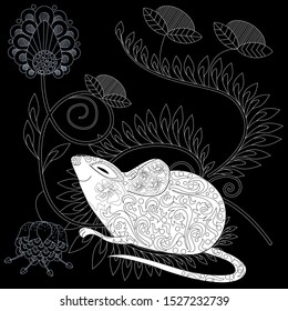 Coloring Pages. Coloring Book for adults. Colouring pictures with rat and flowers. Antistress freehand sketch drawing with doodle and zentangle elements.