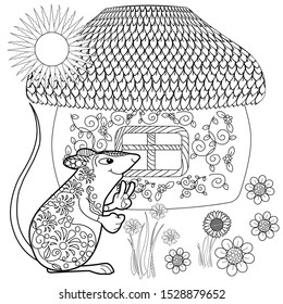 Coloring Pages. Coloring Book for adults. Colouring pictures with rat and lodge. Antistress freehand sketch drawing with doodle and zentangle elements.