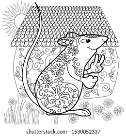 Coloring Pages. Coloring Book for adults. Colouring pictures with rat and lodge. Antistress freehand sketch drawing with doodle and zentangle elements.
