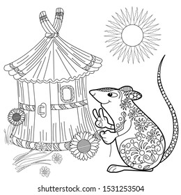 Coloring Pages. Coloring Book for adults. Colouring pictures with rat and lodge. Antistress freehand sketch drawing with doodle and zentangle elements.
