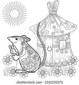 Coloring Pages. Coloring Book for adults. Colouring pictures with rat and lodge. Antistress freehand sketch drawing with doodle and zentangle elements.