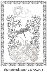 Coloring Pages. Coloring Book for adults. Colouring pictures with birds and flowers. Antistress freehand sketch drawing with doodle and zentangle elements.