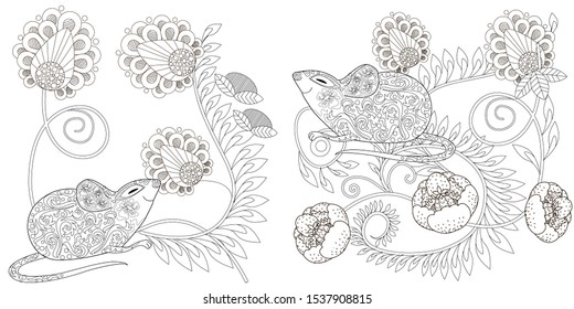 Coloring Pages. Coloring Book for adults. Colouring pictures with rat. Antistress freehand sketch drawing with doodle and zentangle elements.