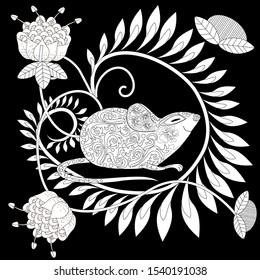 Coloring Pages. Coloring Book for adults. Colouring pictures with rat. Antistress freehand sketch drawing with doodle and zentangle elements.