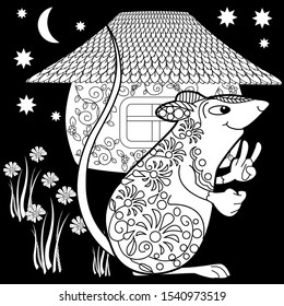Coloring Pages. Coloring Book for adults. Colouring pictures with rat and lodge. Antistress freehand sketch drawing with doodle and zentangle elements.