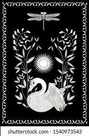 Coloring Pages. Coloring Book for adults. Colouring pictures with swan and flowers. Antistress freehand sketch drawing with doodle and zentangle elements.