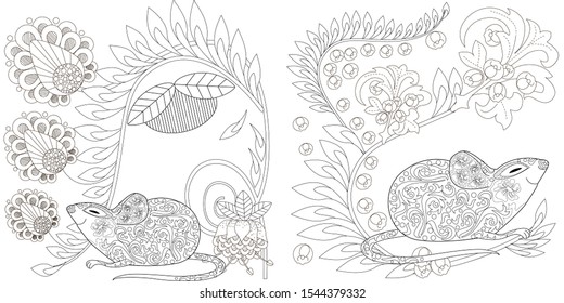 Coloring Pages. Coloring Book for adults. Colouring pictures with rat. Antistress freehand sketch drawing with doodle and zentangle elements.