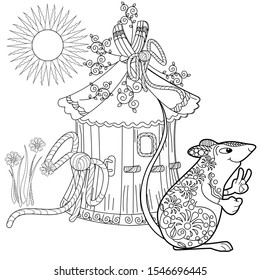 Coloring Pages. Coloring Book for adults. Colouring pictures with rat and lodge. Antistress freehand sketch drawing with doodle and zentangle elements.