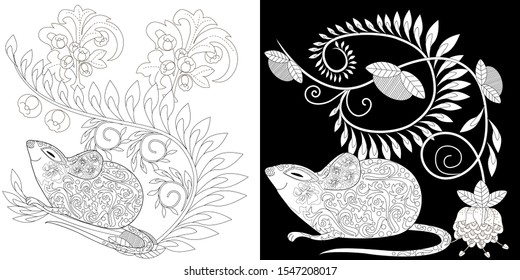 Coloring Pages. Coloring Book for adults. Colouring pictures with rat. Antistress freehand sketch drawing with doodle and zentangle elements.