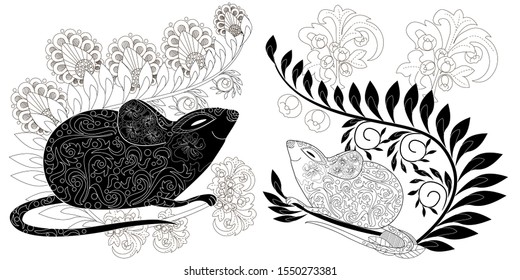 Coloring Pages. Coloring Book for adults. Colouring pictures with rat. Antistress freehand sketch drawing with doodle and zentangle elements.