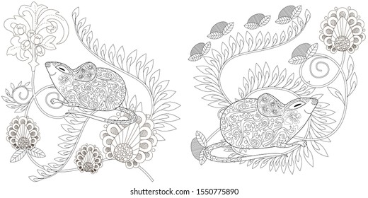 Coloring Pages. Coloring Book for adults. Colouring pictures with rat. Antistress freehand sketch drawing with doodle and zentangle elements.