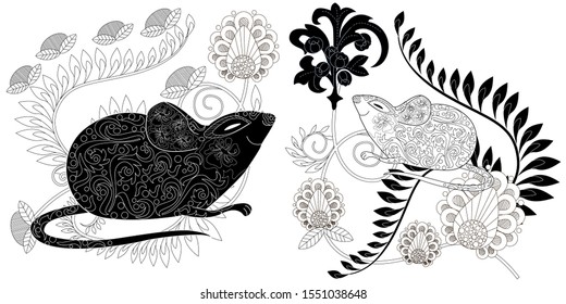 Coloring Pages. Coloring Book for adults. Colouring pictures with rat. Antistress freehand sketch drawing with doodle and zentangle elements.