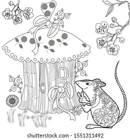 Coloring Pages. Coloring Book for adults. Colouring pictures with rat and lodge. Antistress freehand sketch drawing with doodle and zentangle elements.