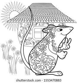 Coloring Pages. Coloring Book for adults. Colouring pictures with rat and lodge. Antistress freehand sketch drawing with doodle and zentangle elements.