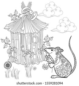 Coloring Pages. Coloring Book for adults. Colouring pictures with rat and lodge. Antistress freehand sketch drawing with doodle and zentangle elements.
