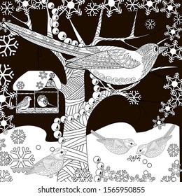 Coloring Pages. Coloring Book for adults. Colouring pictures with birds. Antistress freehand sketch drawing with doodle and zentangle elements.