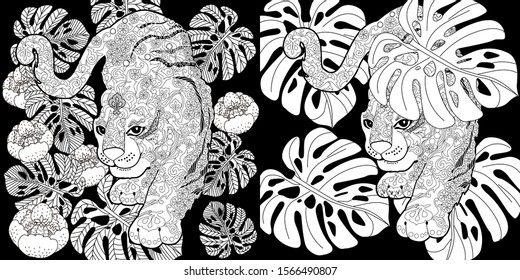 Coloring Pages. Coloring Book for adults. Colouring pictures with tigers and flowers. Antistress freehand sketch drawing with doodle and zentangle elements.