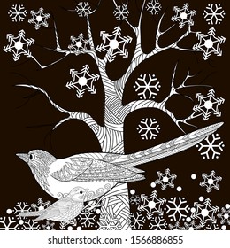 Coloring Pages. Coloring Book for adults. Colouring pictures with birds. Antistress freehand sketch drawing with doodle and zentangle elements.